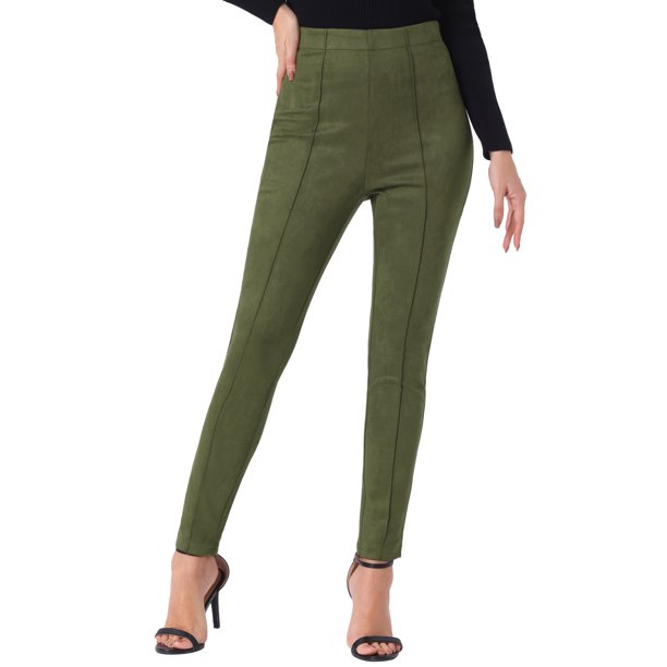 INSPIRE CHIC Leggings de Imitación de Gamuza para Mujer, Pantalones de Imitación de Cuero de Cintura Alta para un Uso Diario Estiloso y Cómodo XS Verde Ejército Claro