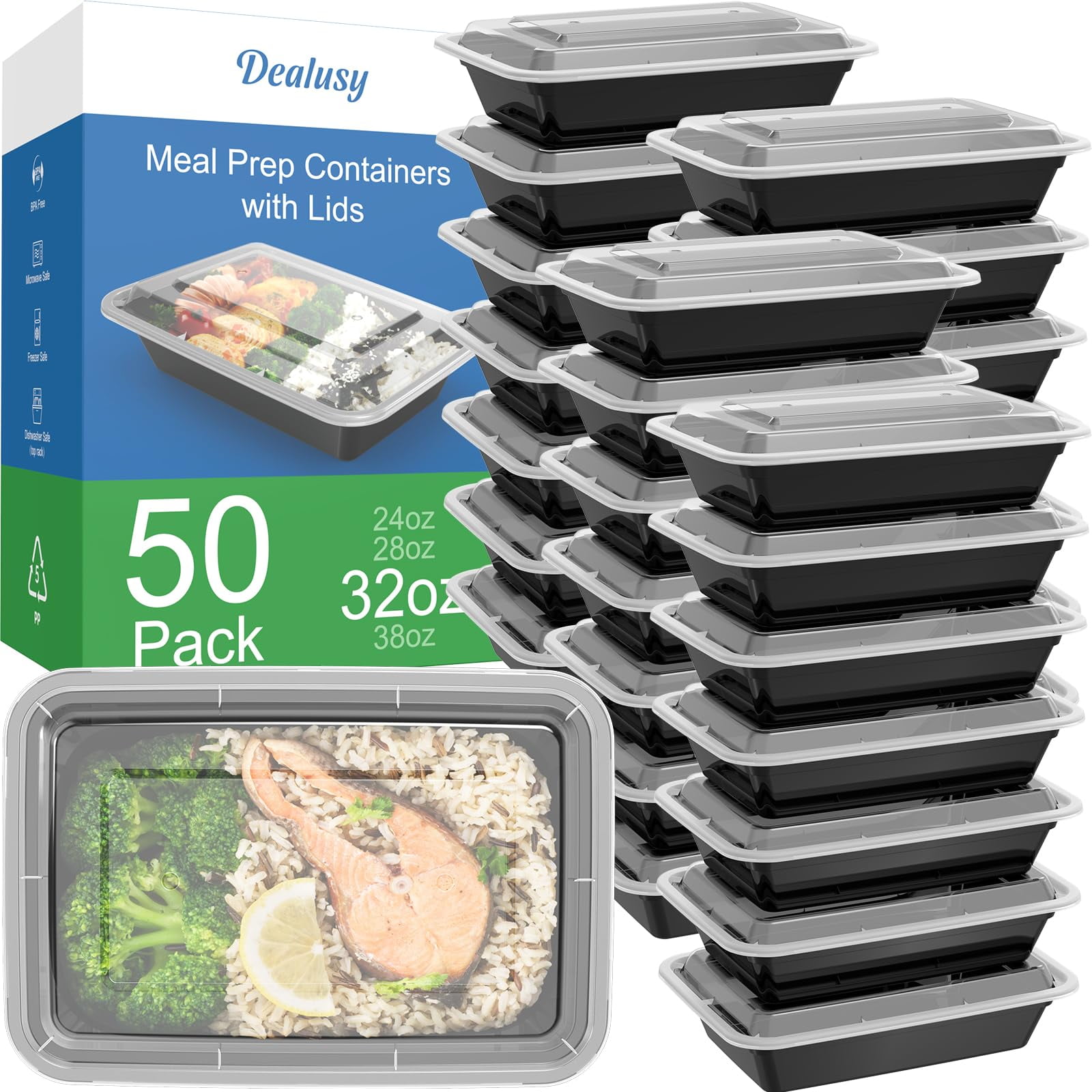 Recipientes Dealusy Para Preparación De Comidas, 32 Oz (paquete De 50) Con Tapas, 100 Unidades