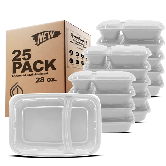 Contenedores Freshware de 800 ml para preparación de comidas – Pack de 25, 2 compartimentos