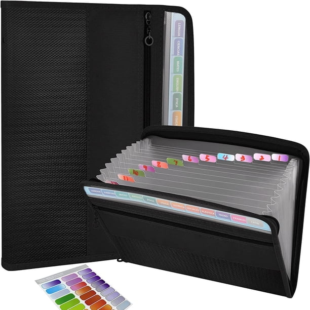 Get Organized with our Expanding File Folder! 13 Pocket Accordion Document Organizer with Sticky Labels, Fabric/Poly Material, Zipper Closure, and Front Pocket for Letter A4 Paper