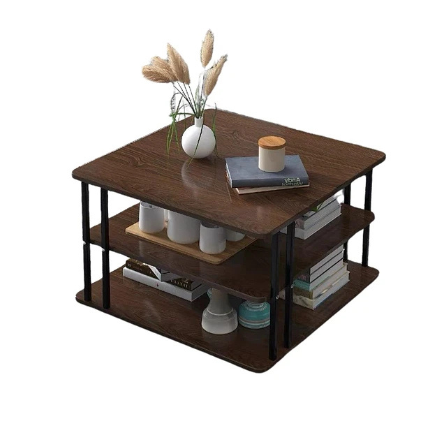 Genérico - Mesa De Centro Auxiliar Tres Niveles Cuadrada Cafe