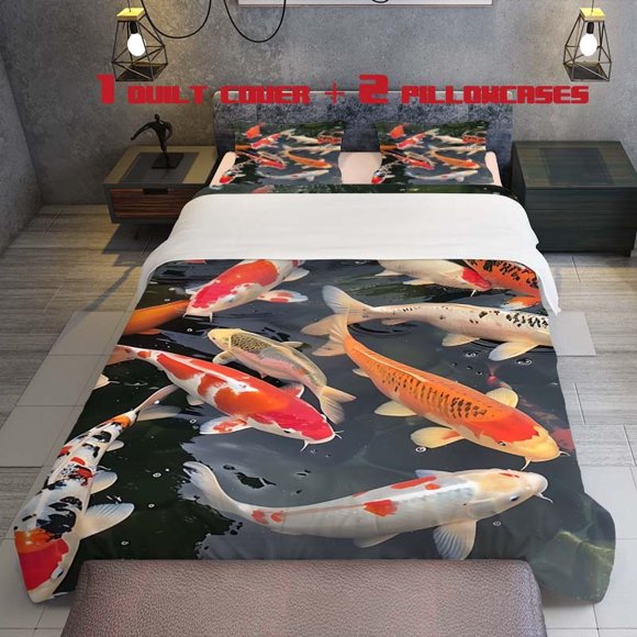 3pcs Colorful Koi Swimming in The Pond Themed Print Three Piece Bedding Set Soft Quilt Cover And Two Pillowcases