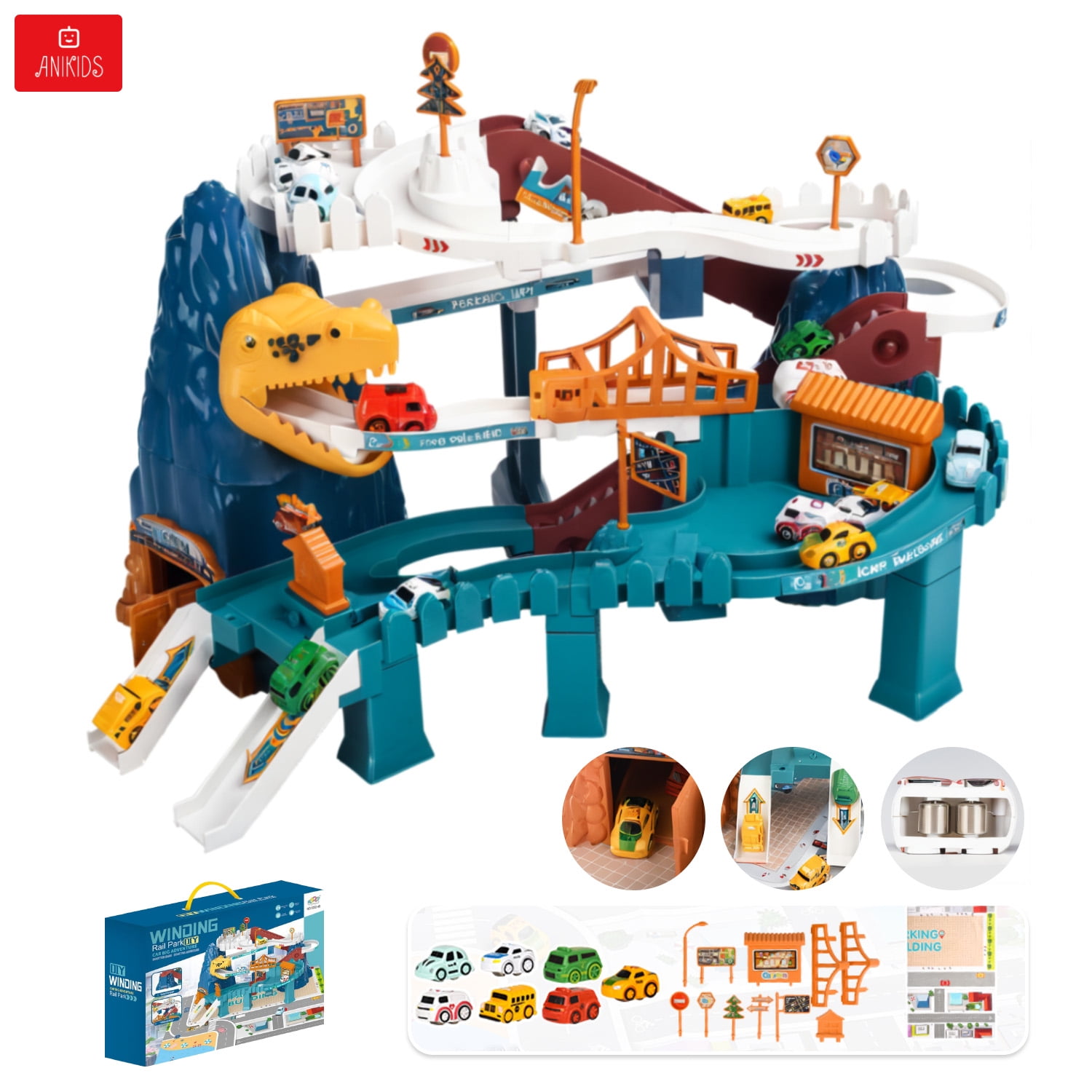 Anikids - Pistas Autos Armables Juguete Niños Aventura De Dinosaurio Azul