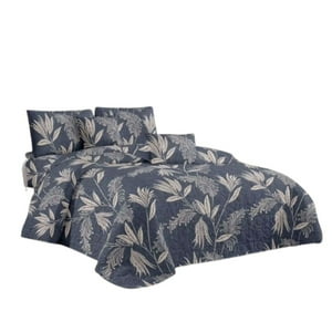 Genérico - Cubrecama Quilt Verano King - Azul Hojas Doradas Kfl619