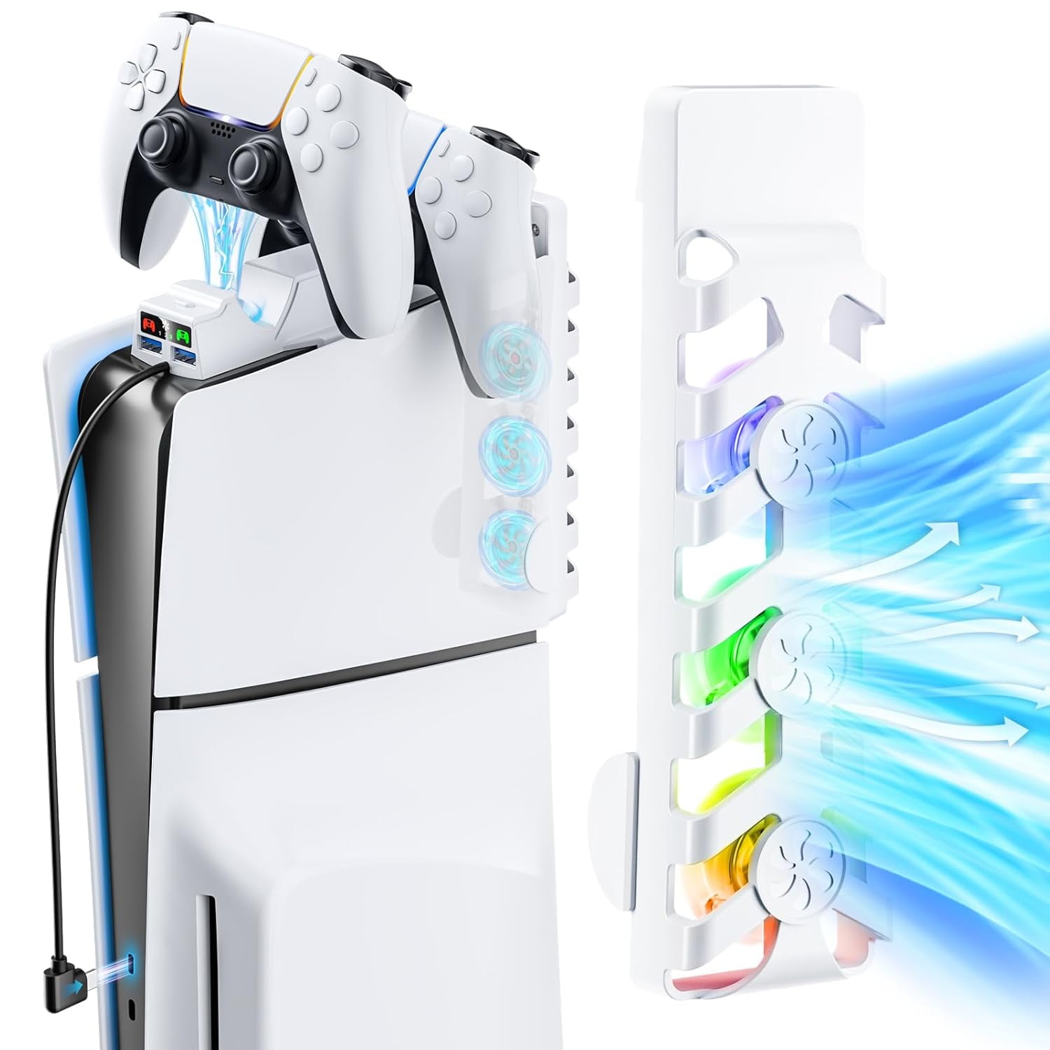 Genérico - Ventilador Para Ps5 Slim Digital/discs Edition Con 3 Ventiladores/2 Puertos Usb,cargador Doble Para Ps5 Y Edge Controller,2 En1 Ps5 Slim Cooler Accesorios Con Luz Rgb-abs
