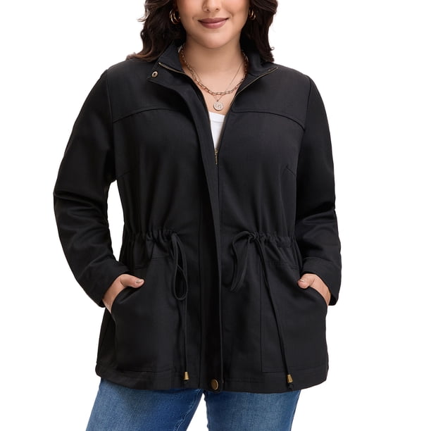 GRACE & GRANDEUR Chaquetas para Mujer Tallas Grandes Manga Larga Anorak con Cordón en la Cintura y Bolsillos 1X Negro