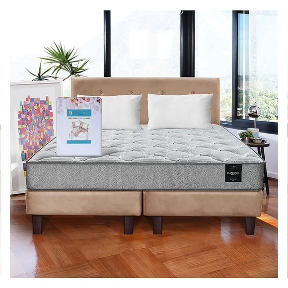 Combo Cama Cannon 2 Plazas Textil + Respaldo Tela Beige
