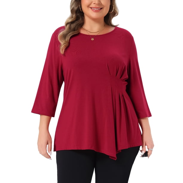 Tops para Mujer Tallas Grandes con Pliegues en la Cintura, Manga 3/4, Dobladillo Asimétrico, Cuello Redondo, Blusas Casual de Otoño 1X Rojo
