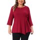 thumbnail image 1 of Tops para Mujer Tallas Grandes con Pliegues en la Cintura, Manga 3/4, Dobladillo Asimétrico, Cuello Redondo, Blusas Casual de Otoño 1X Rojo, 1 of 7
