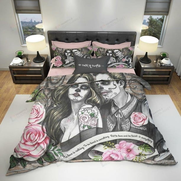 Sugar Skull Husband Wife To Love And Be Loved Drawing Quilt Duvet Cover Set3-Piece Bedding Set