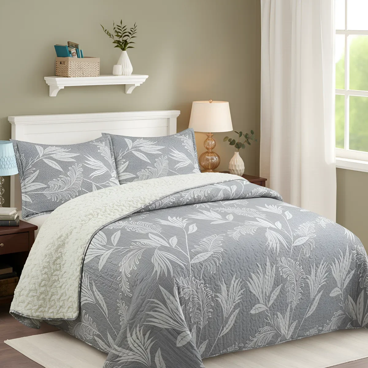 Casadeliacl - Cubrecama Quilt Sherpa 2pl Gris Diseño Hojas Gris Claro