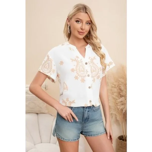 Blusa Mujer Manga Corta Algodón Botones Diseño Estampado 0076