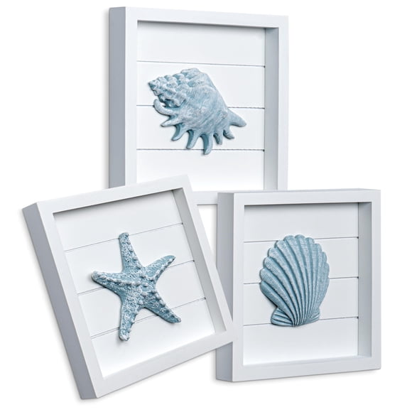 Arte de pared TideandTales con conchas marinas y estrellas de mar azules, juego de 3