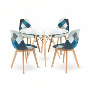 Klik Muebles - Comedor Mesa Eames Redonda Vidrio 100Cm + 4 Sillas Patchwork Wood Celeste