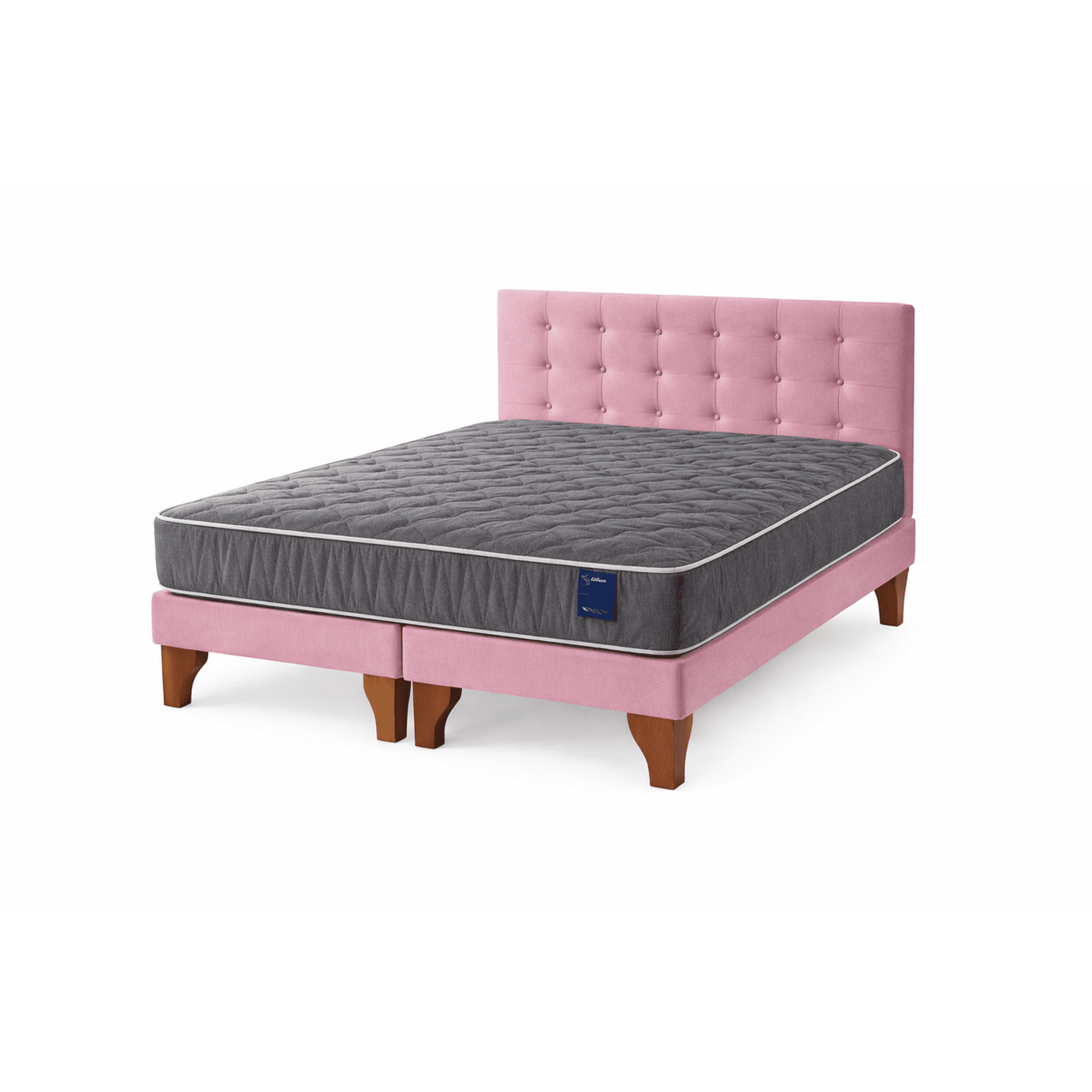 5º Sueño - Cama Europea Somnia 2 Plazas + Respaldo Lino Capitone + Patas Plastico Color Caoba