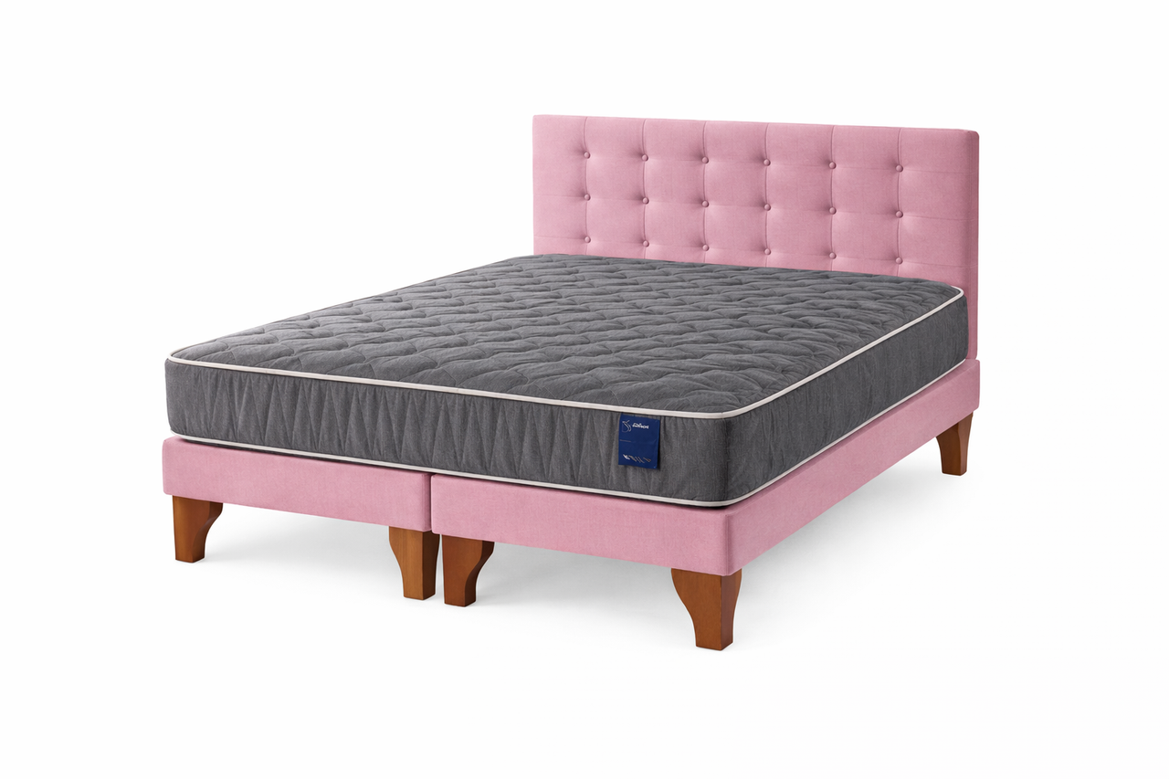 5º Sueño - Cama Europea Somnia 2 Plazas + Respaldo Lino Capitone + Patas Plastico Color Caoba