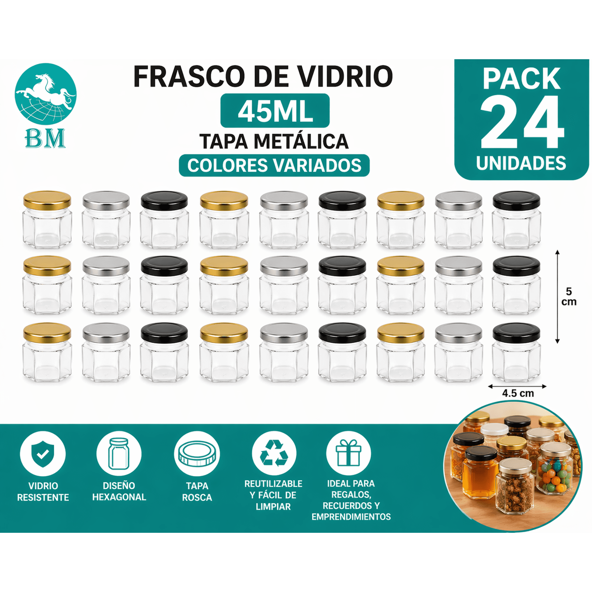 Baima - Frasco De Vidrio 45 Ml Hexagonal Con Tapa Metálica Colores Variados Pack De 24 Unidades