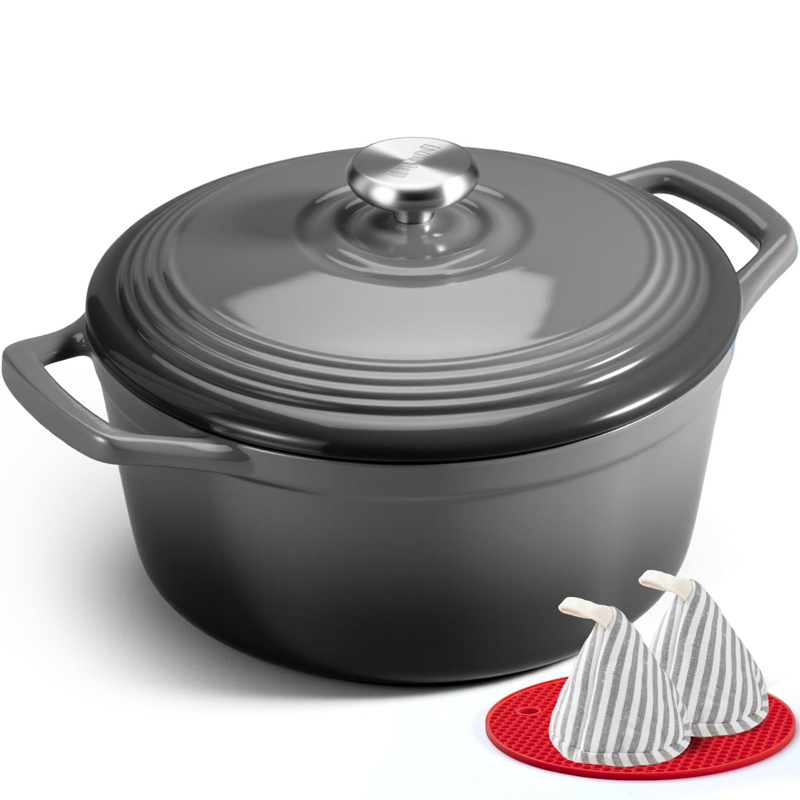 Horno Holandés Overmont De Hierro Fundido Esmaltado, 5,5 L, Gris