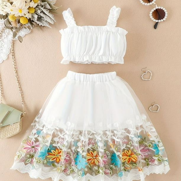 2pcs Baby Girls Camisole Top & Mesh Flower Skirt Set Clothes