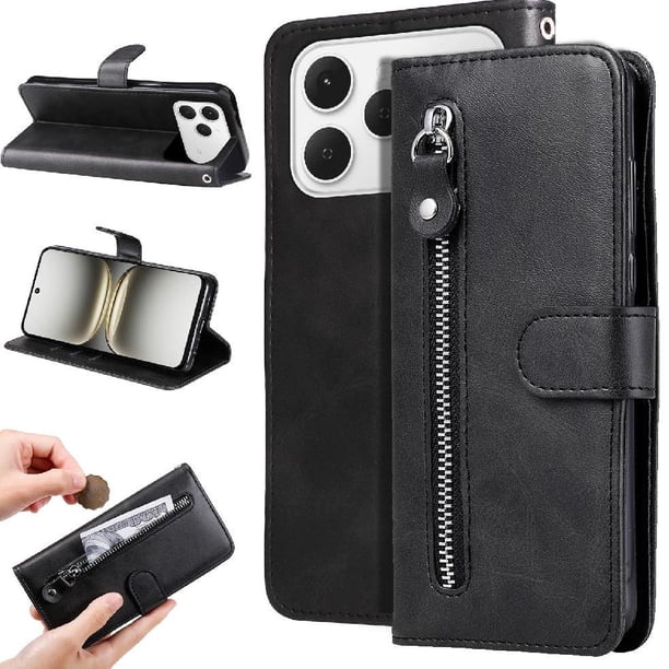 Funda tipo cartera para Tecno Spark 40 4G con bolsillo con cremallera y ranuras para tarjetas – Función de soporte Negro