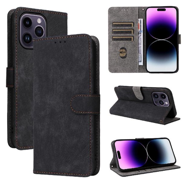 Funda Billetera para iPhone 16 Pro con Soporte - Cartera de Cuero con Ranuras Negro