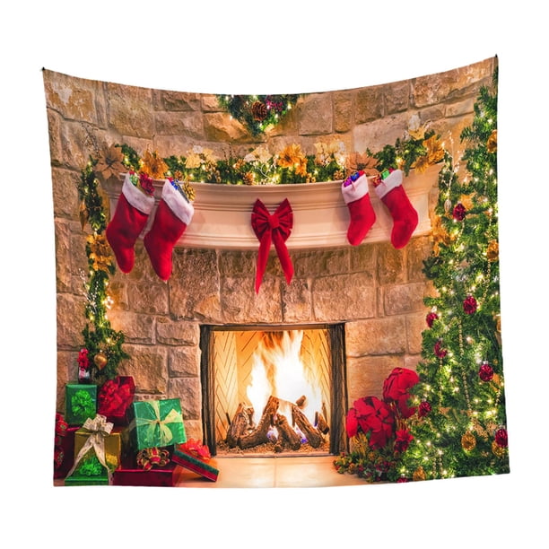 Telón de fondo de chimenea navideña, tapiz navideño, decoración de pared, manta, tela de fondo navideña para decoración del hogar, fiesta y festival , 150cmx130cm