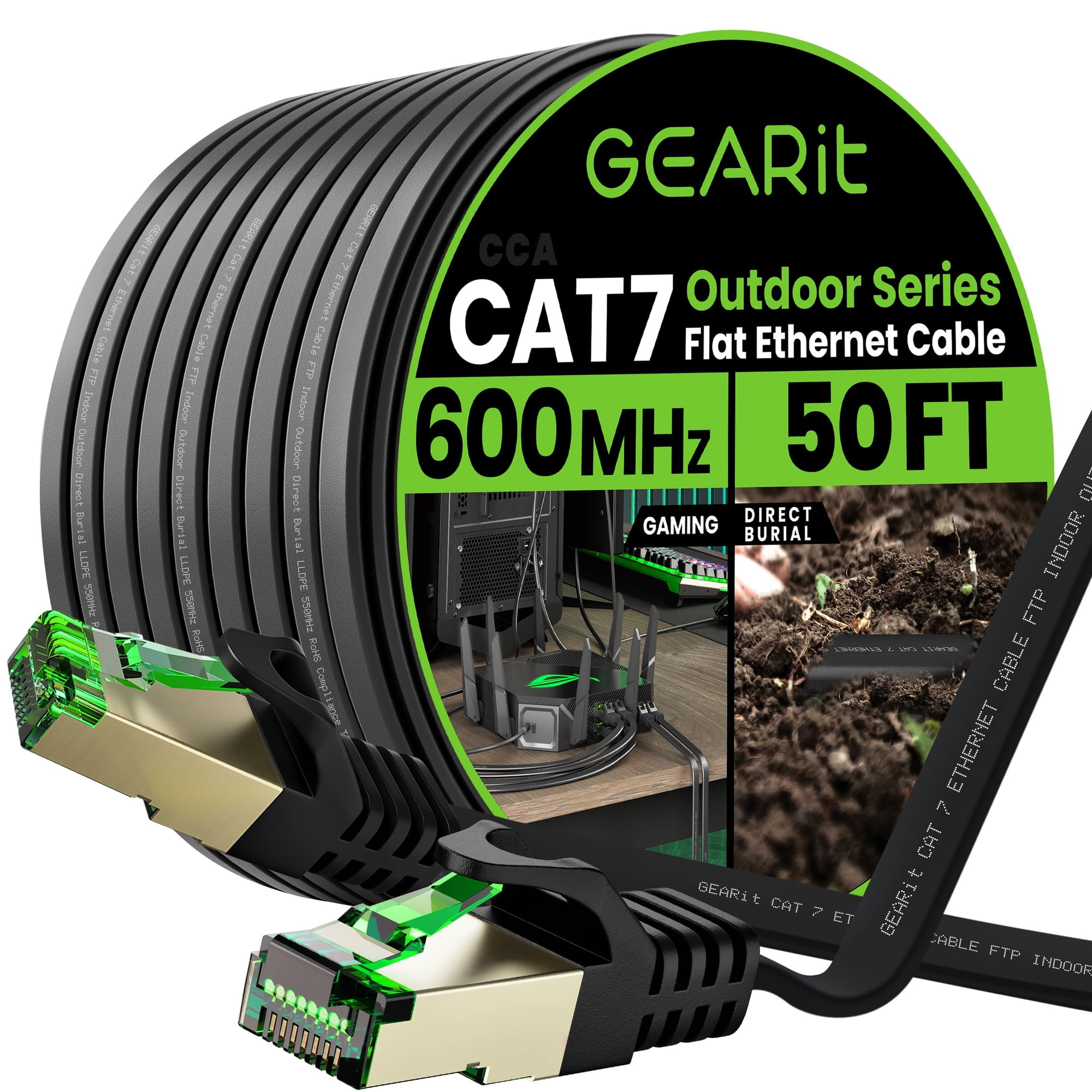 Cable Ethernet Gearit Cat 7 Plano Para Exteriores De 15 M, Color Negro