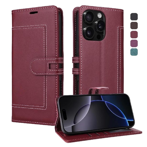 Premium Wallet Case for iPhone 15 Pro with Card Slots & Kickstand, Flip Cover Red