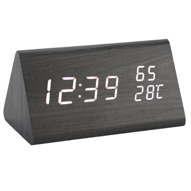 Reloj de madera triangular con control de voz creativo, pantalla digital, alarma de temperatura y humedad.