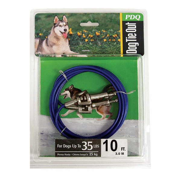 Cable Dog Tie Out PDQ con revestimiento de vinilo azul y plateado, tamaño mediano