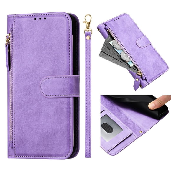 Funda tipo cartera para Oukitel C35 con bolsillo con cremallera, tarjetero, soporte, correa para la muñeca y tapa de cuero morado