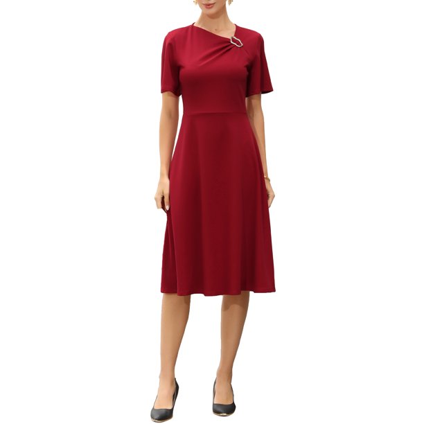 Vestido de Trabajo INSPIRE CHIC para Mujeres Vestidos Elegantes de Negocios Midi de Manga Corta en Línea A M Rojo