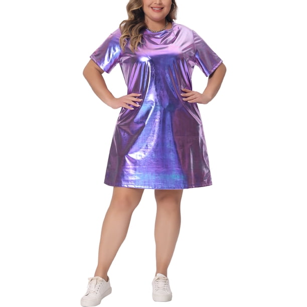 Agnes Orinda Vestido Formal de Talla Grande para Mujer Cuello Redondo Metálico Manga Corta Fiesta Clubwear Vestido Suelto Mini Camiseta 3X Púrpura