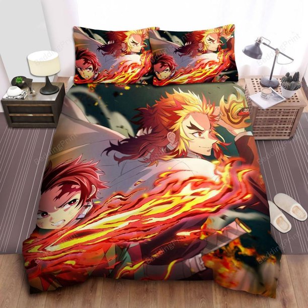 Demon Slayer Tanjiro Kamado Senjuro Rengoku Artwork Quilt Duvet Cover Set Soft3-Piece Bedding Set