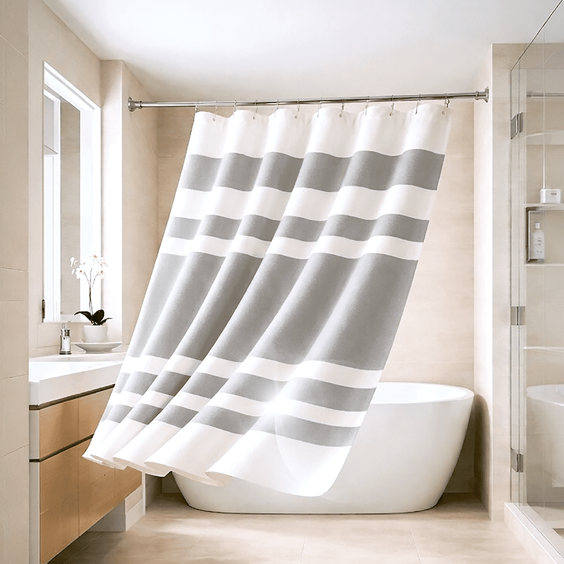 Cortina De Baño Diseño Impermeable Tela Bano + 12 Ganchos Aura Zeus
