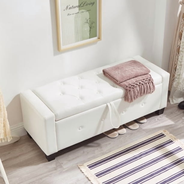 Banco otomano de 48" con almacenamiento, banco para dormitorio, sala de estar, pasillo, tapizado de cuero artificial de la PU otomano