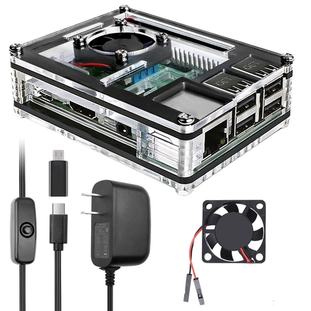 Funda + ventilador de refrigeración + disipadores de calor + fuente de alimentación para Raspberry Pi 3 B+