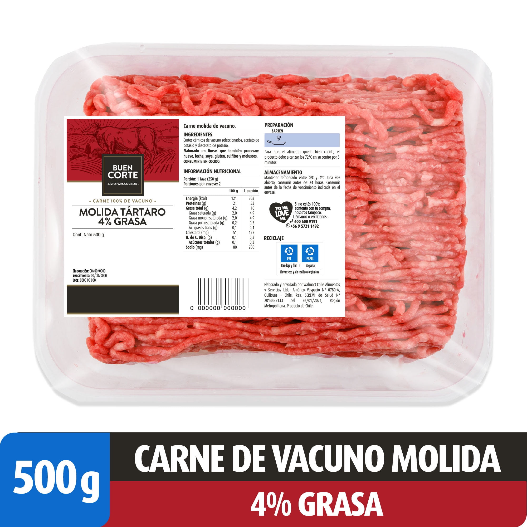 Carne Molida De Vacuno Tártara 4% Grasa Bandeja 500 gr El Buen Corte