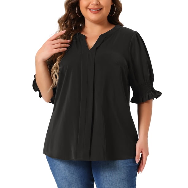 Blusa de Gasa para Mujer de Talla Grande Agnes Orinda con Cuello en V y Mangas Cortas Abullonadas Casual Sólida 3X Negra