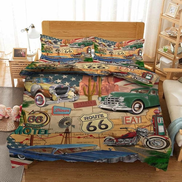 Green Car American Street Quilt Duvet Cover Set Pillow case Print3-Piece Bedding Set (1 Duvet Cover + 2 Pillow Shams)