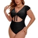 thumbnail image 4 of Agnes Orinda Traje de Baño de Una Pieza para Mujer de Talla Grande para Escuela y Universidad, Bikini con Mangas Cortas, Corte con Volantes, Lazo Frontal, Fruncido, Playa, Vacaciones, Talla 4X, Negro, 4 of 9