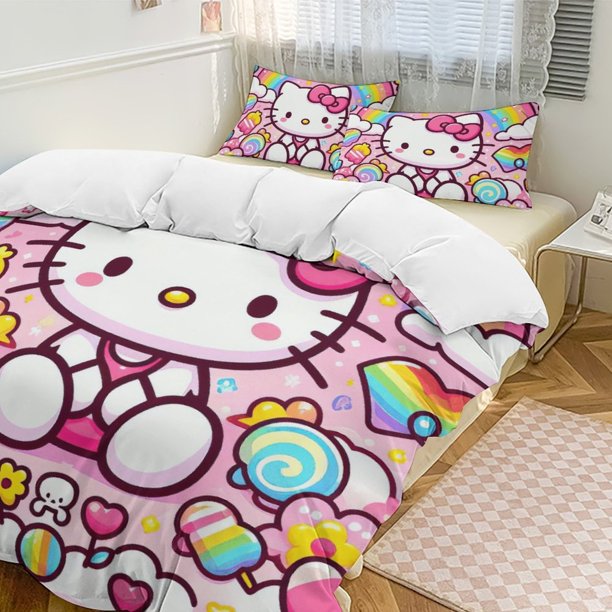 Rainbow Sugar Hello Kitty Comforter Set Soft 3 Pcs Twin Bedding Sets Thicken for All Season