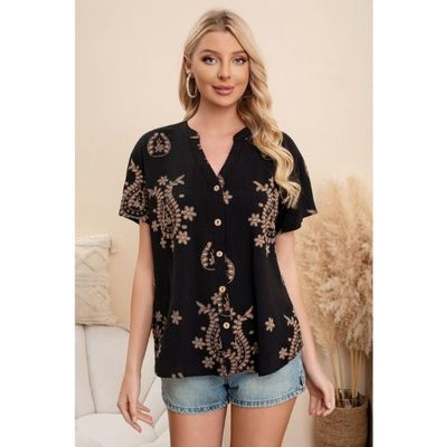 Likeshop - Blusa Mujer Manga Corta Algodón Botones Diseño Estampado 0076