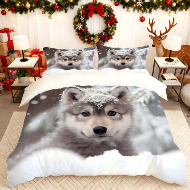 Snowfield Little Wolf Print Quilt Cover Set Bedding Quilt Cover Pillowcase Set Soft Comfortable Suitable for Home And Bedroom Guest