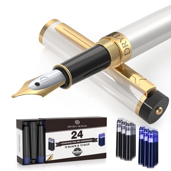Pluma Estilográfica Dryden Designs Punta Media Perla Blanca con Tinta