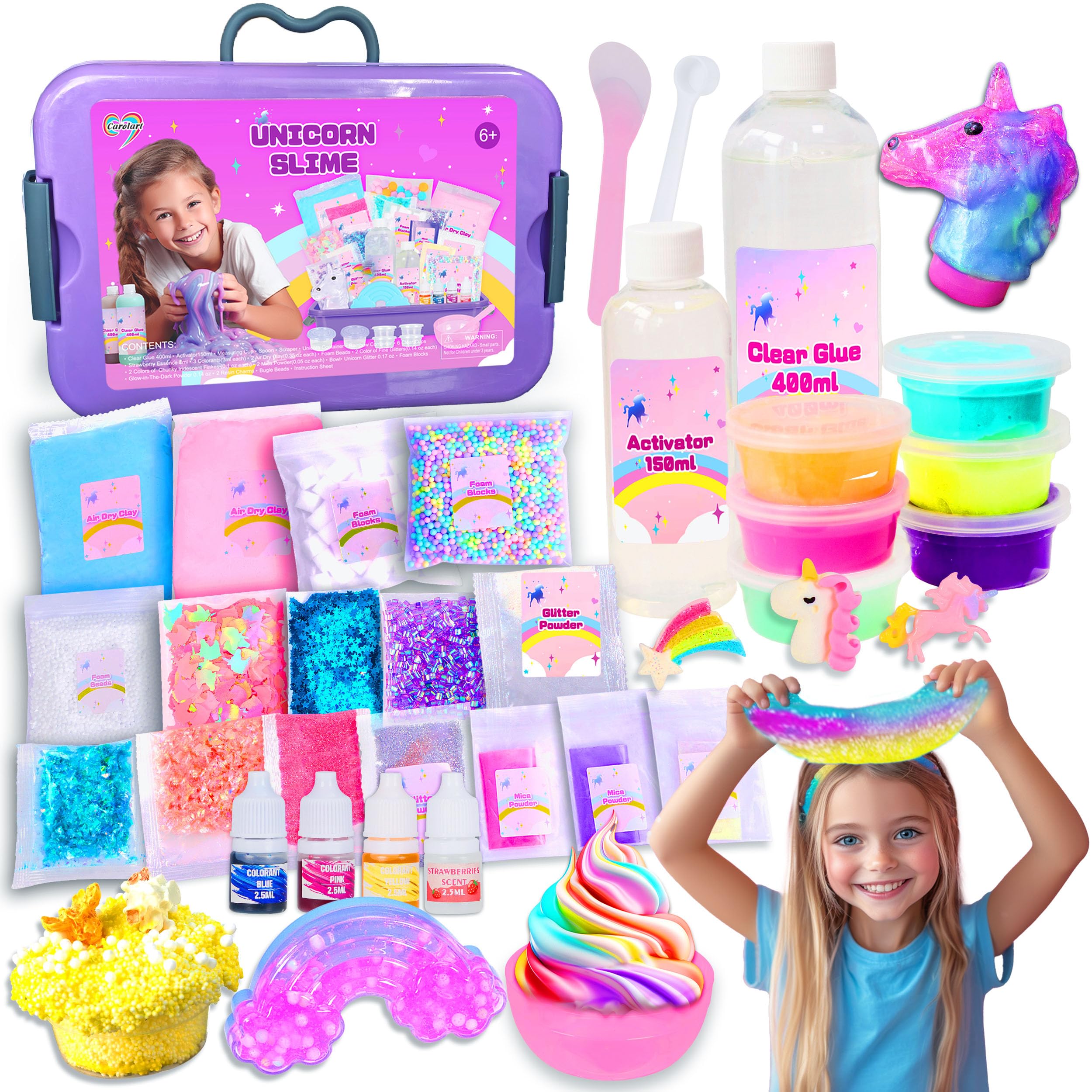 Kit De Slime Carolart Unicorn Fluffy Con 6 Recipientes Herméticos