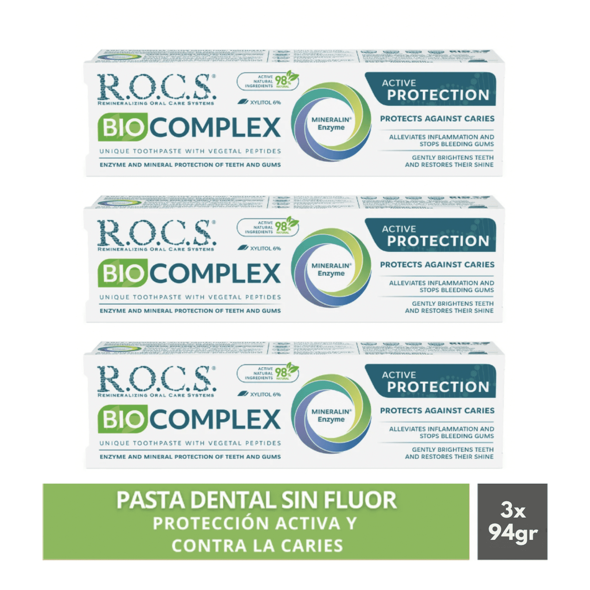 R.o.c.s. - Pack 3 Pasta Dental Sin Fluor Rocs Biocomplex 94g Protección Activa
