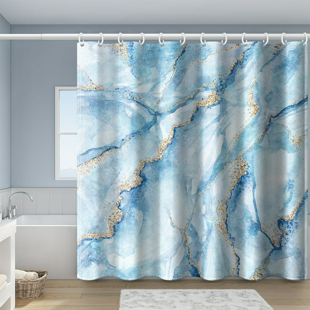 1pc Luxury Gray Golden Marble Shower Curtain Set - Waterproof, Washable, and Standard Size for Bathtub - Includes 12 Plastic Hooks