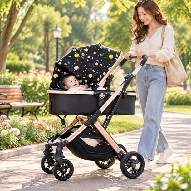 Coche Cuna Paseo de Lujo Plegado Automático con Marco de Aluminio y Asiento Reclinable