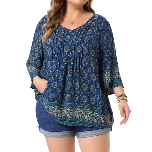 Agnes Orinda Blusas de Talla Grande para Mujer Estilo Bohemio Escolar Universitario con Estampado Floral Escote en V Manga 3/4 Top Elegante Casual para Trabajo Túnica 2X Azul